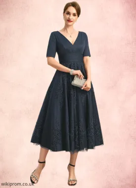 Aiyana A-line V-Neck Tea-Length Lace Tulle Mother of the Bride Dress With Pleated SWK126P0021716