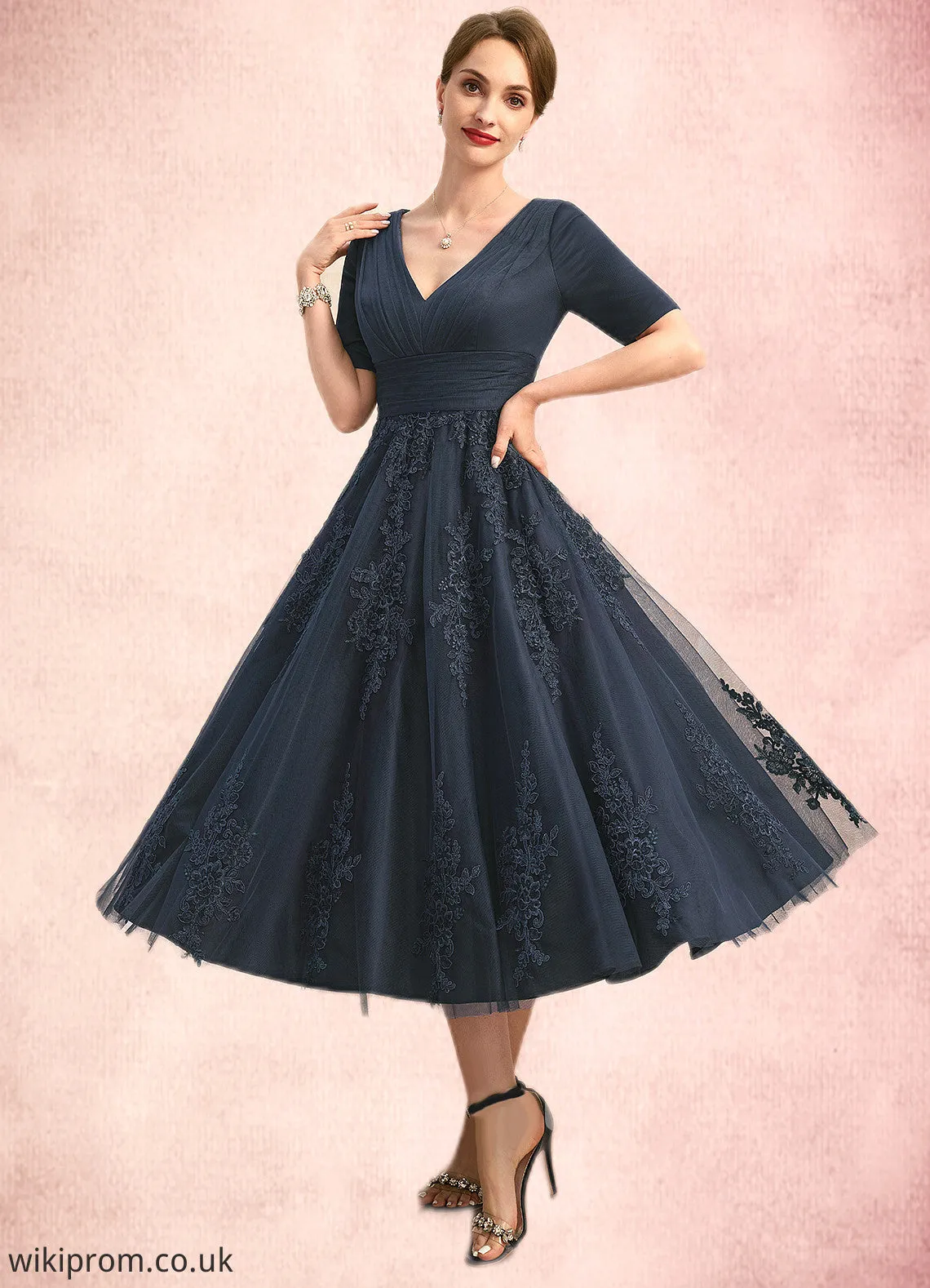 Aiyana A-line V-Neck Tea-Length Lace Tulle Mother of the Bride Dress With Pleated SWK126P0021716