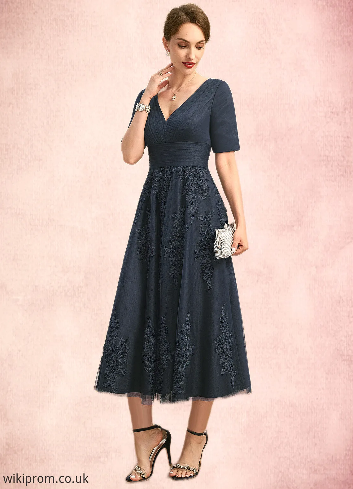 Aiyana A-line V-Neck Tea-Length Lace Tulle Mother of the Bride Dress With Pleated SWK126P0021716