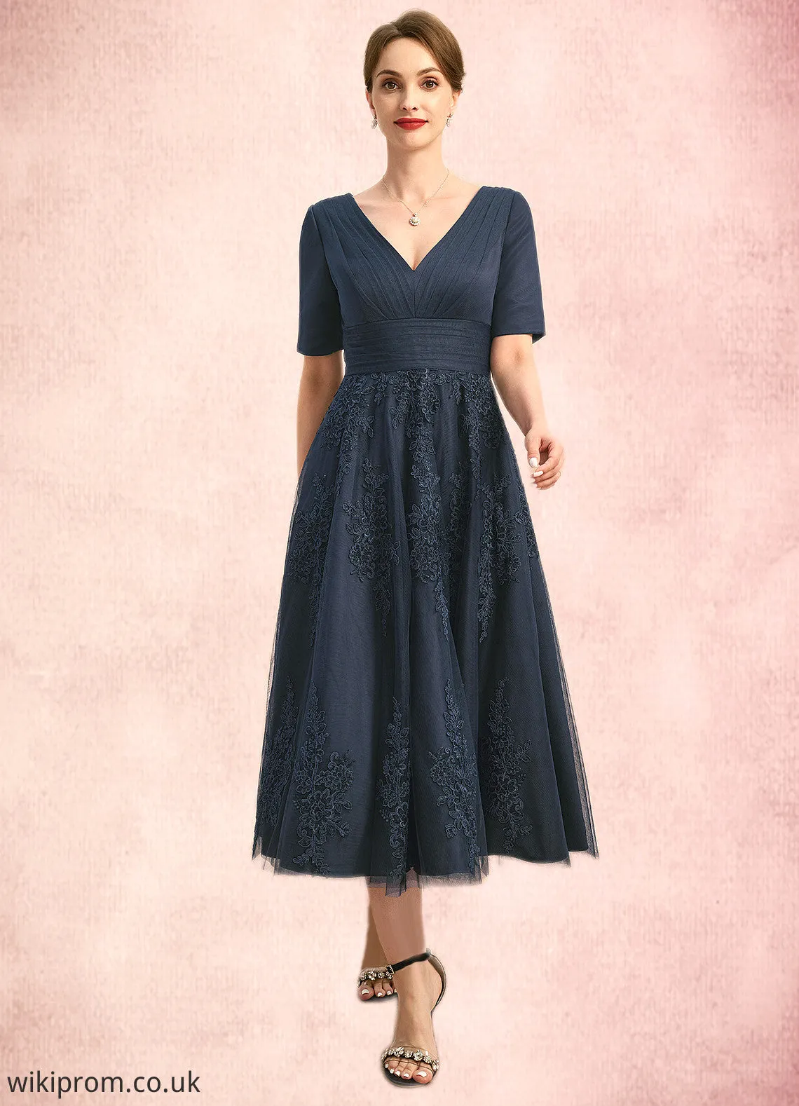 Aiyana A-line V-Neck Tea-Length Lace Tulle Mother of the Bride Dress With Pleated SWK126P0021716