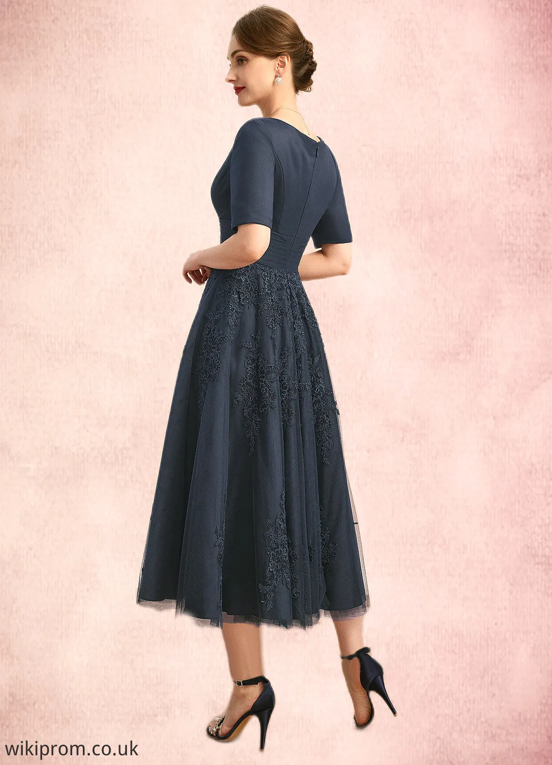Aiyana A-line V-Neck Tea-Length Lace Tulle Mother of the Bride Dress With Pleated SWK126P0021716
