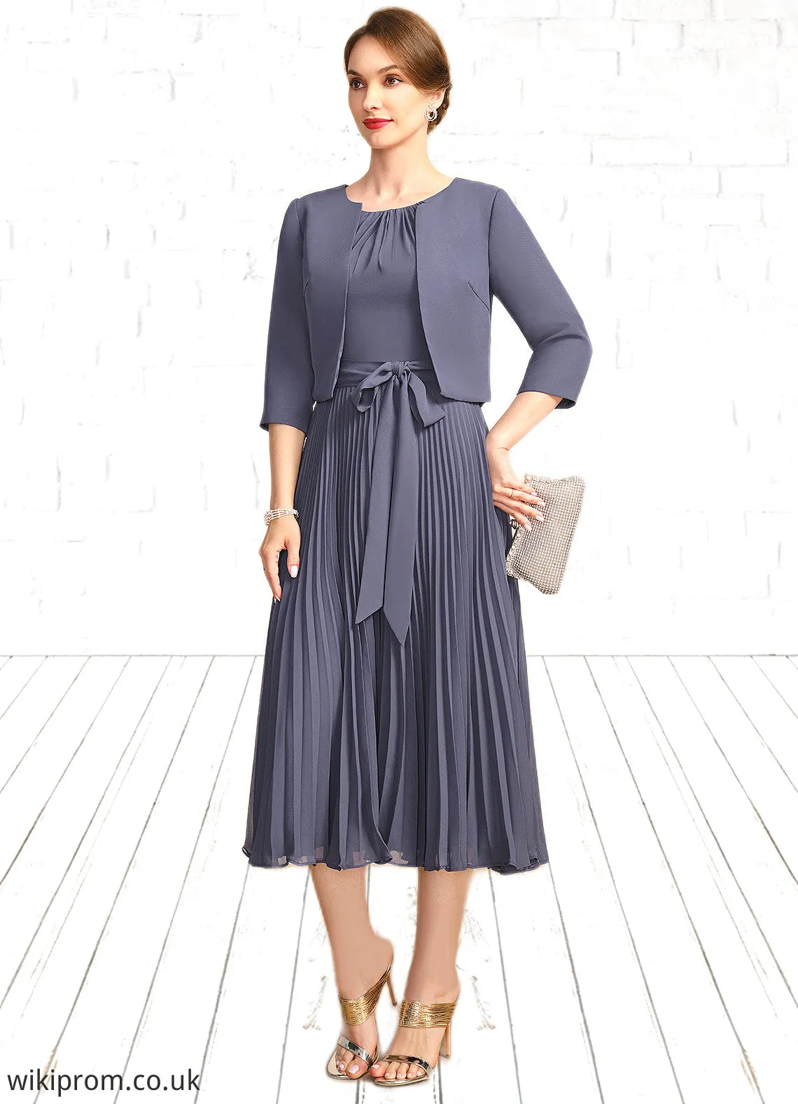 Alejandra A-line Scoop Tea-Length Chiffon Mother of the Bride Dress With Bow Pleated SWK126P0021763