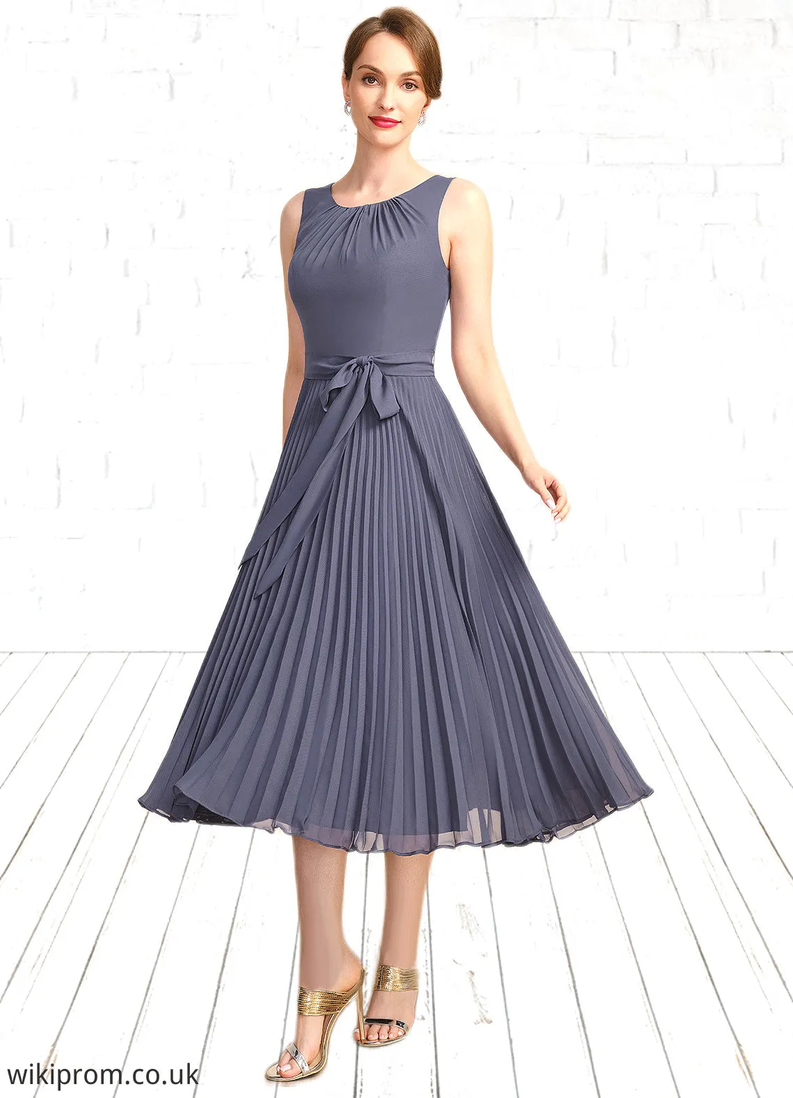 Alejandra A-line Scoop Tea-Length Chiffon Mother of the Bride Dress With Bow Pleated SWK126P0021763