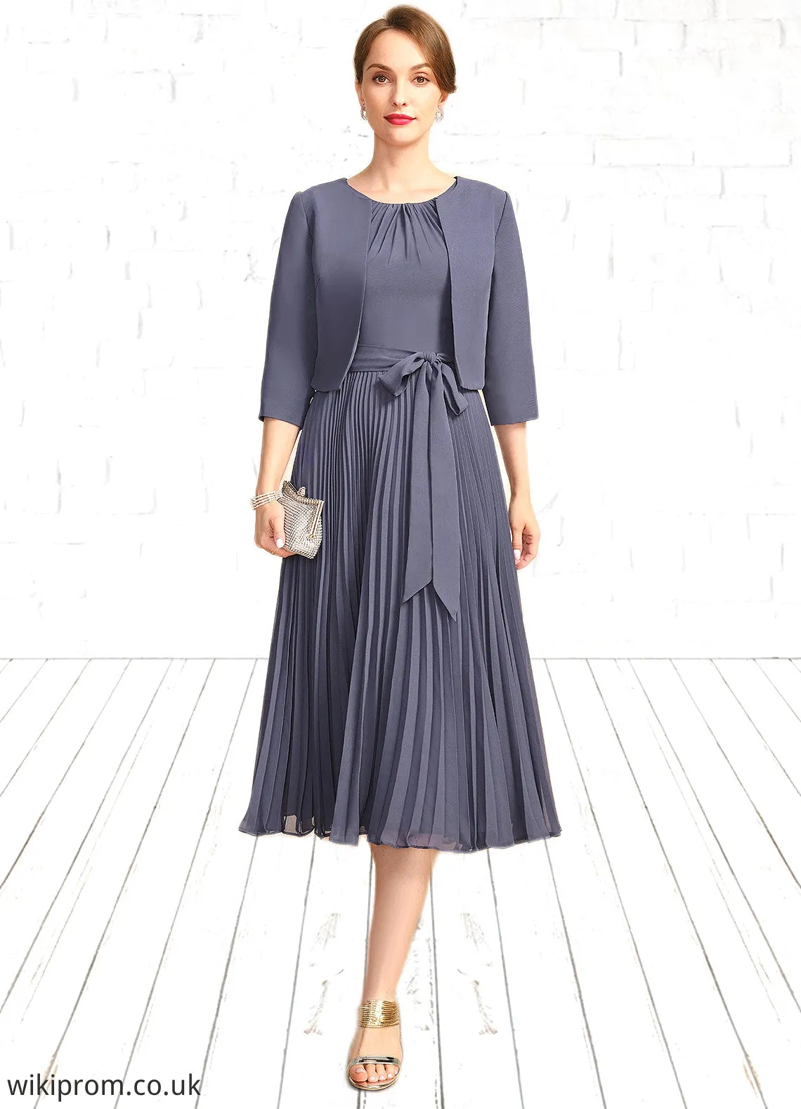 Alejandra A-line Scoop Tea-Length Chiffon Mother of the Bride Dress With Bow Pleated SWK126P0021763