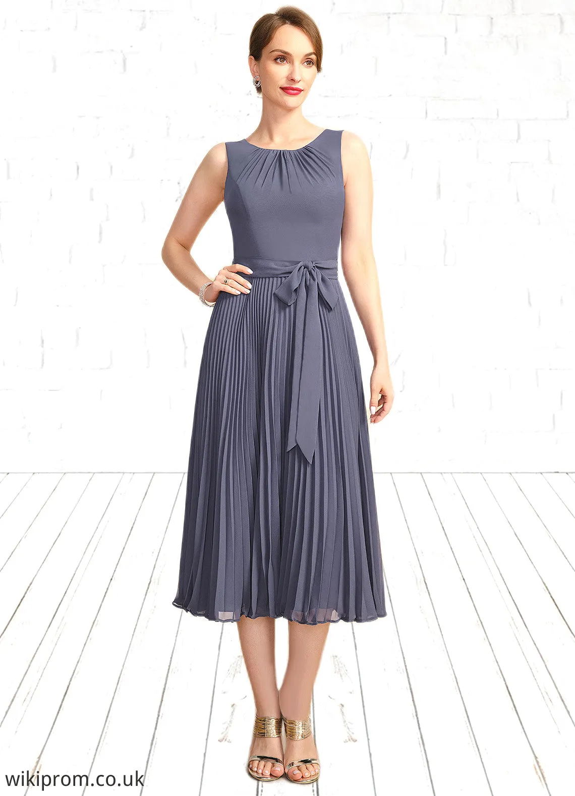 Alejandra A-line Scoop Tea-Length Chiffon Mother of the Bride Dress With Bow Pleated SWK126P0021763