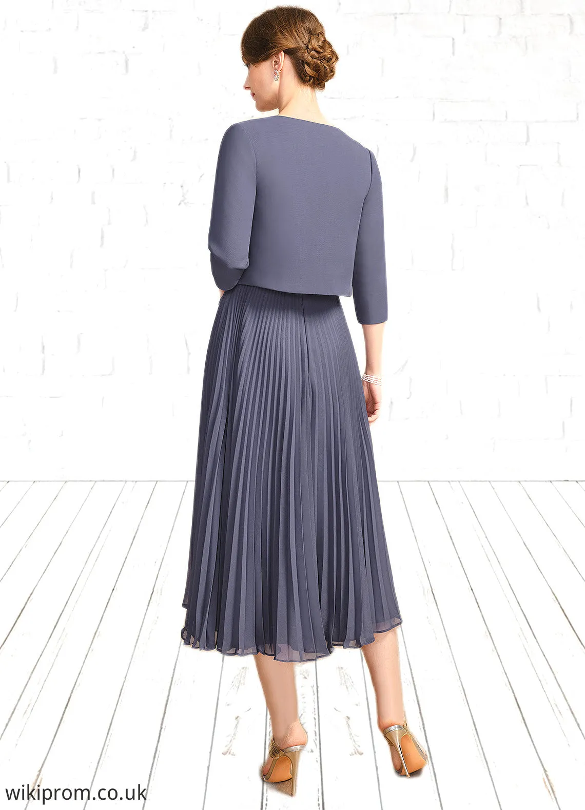 Alejandra A-line Scoop Tea-Length Chiffon Mother of the Bride Dress With Bow Pleated SWK126P0021763