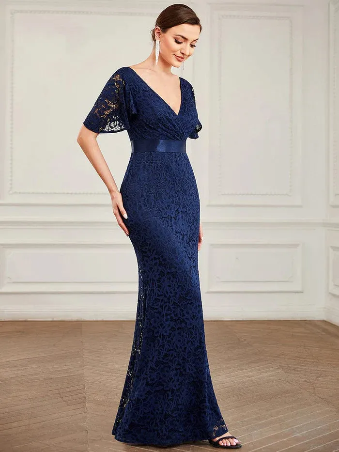 All-Over Lace V-Neck Ribbon Waist Bodycon Fishtail Evening Dress