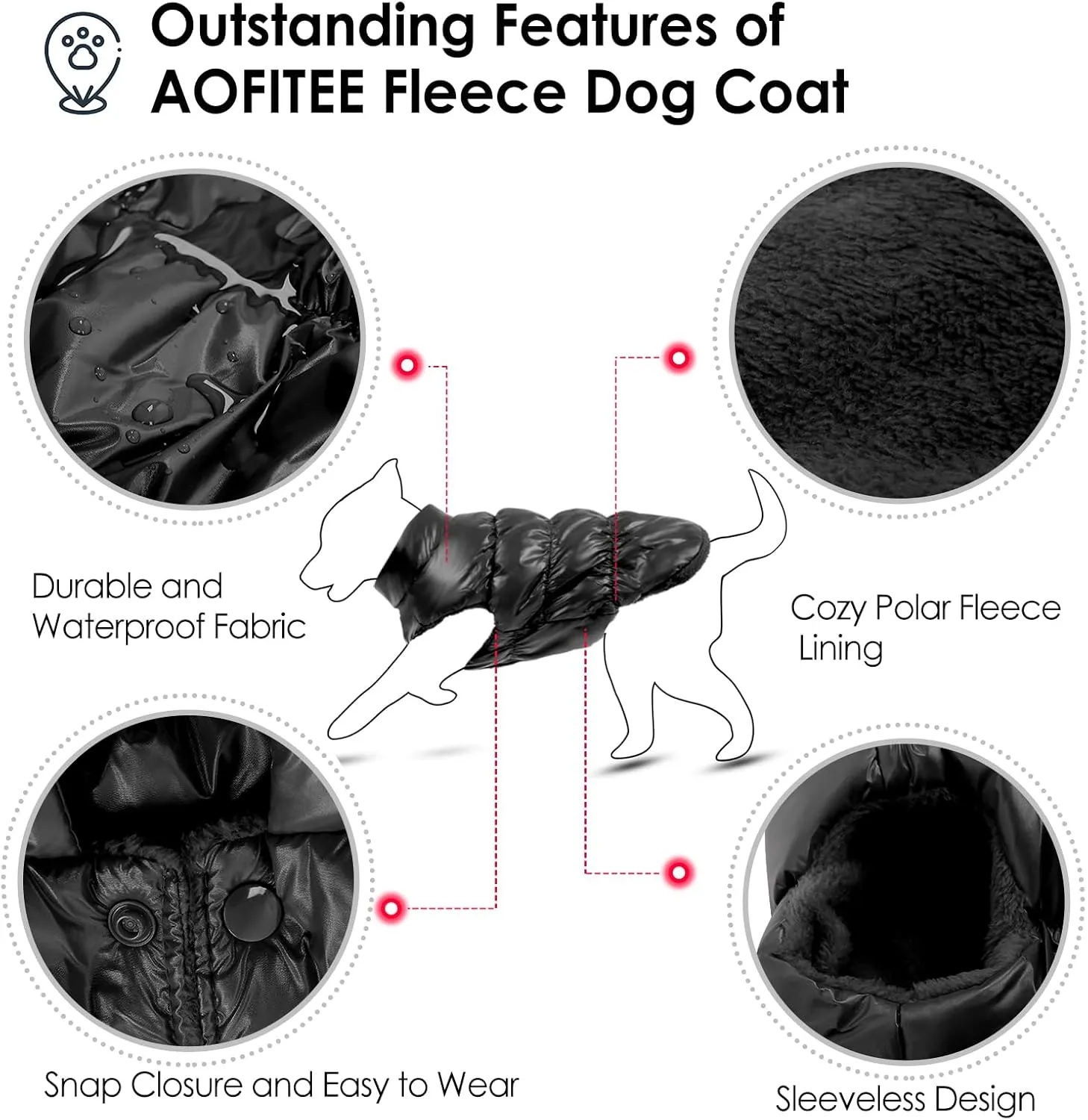 AOFITEE Dog Coat, Waterproof Dog Jacket, Winter Coats for Small Dogs, Windproof Dogs Puffer Jacket, Fleece Pet Snowsuit Puffer Vest with Snap Closure, Cold Weather Coats for Boy Girl Puppy, Black, S