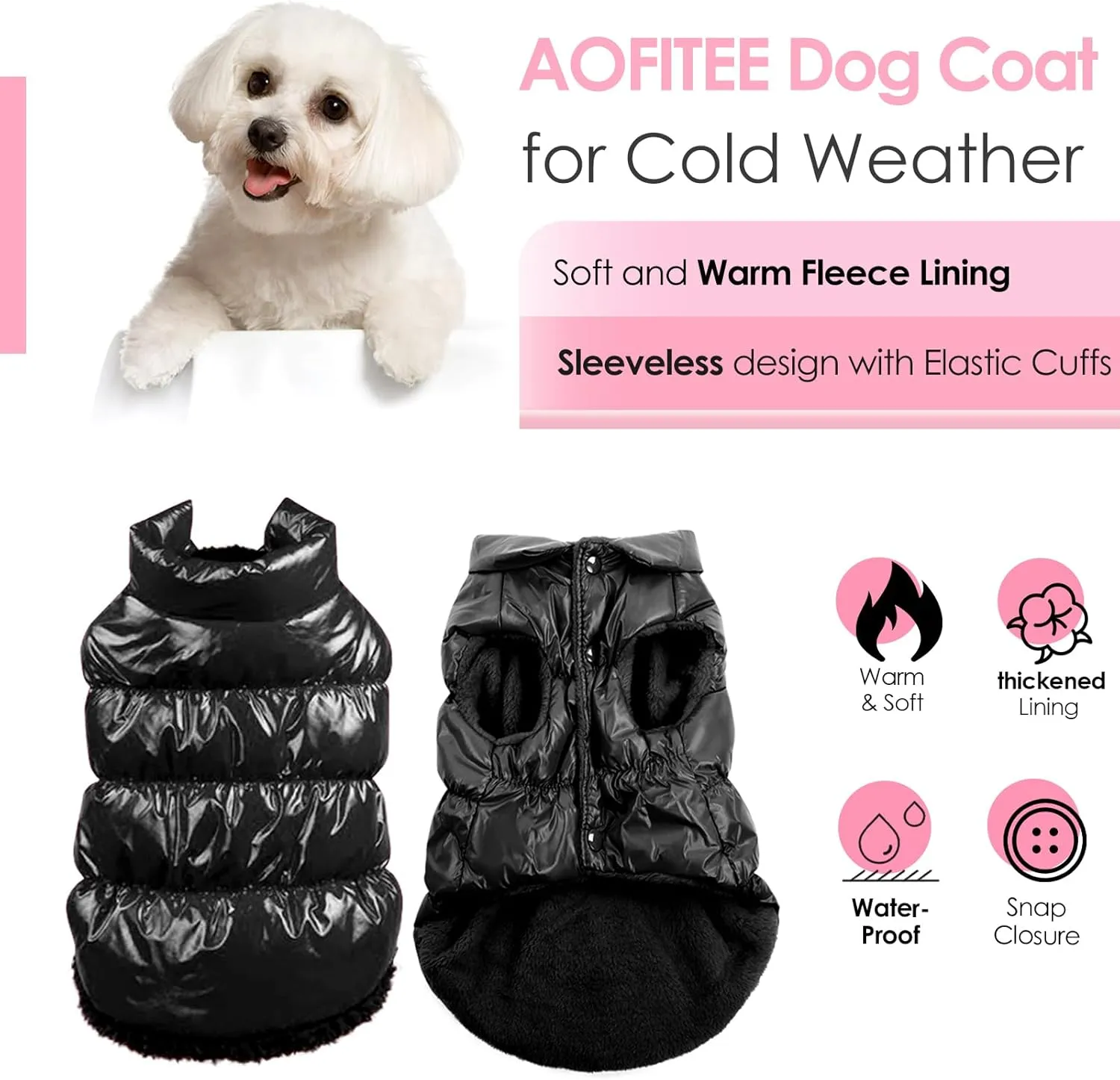 AOFITEE Dog Coat, Waterproof Dog Jacket, Winter Coats for Small Dogs, Windproof Dogs Puffer Jacket, Fleece Pet Snowsuit Puffer Vest with Snap Closure, Cold Weather Coats for Boy Girl Puppy, Black, S
