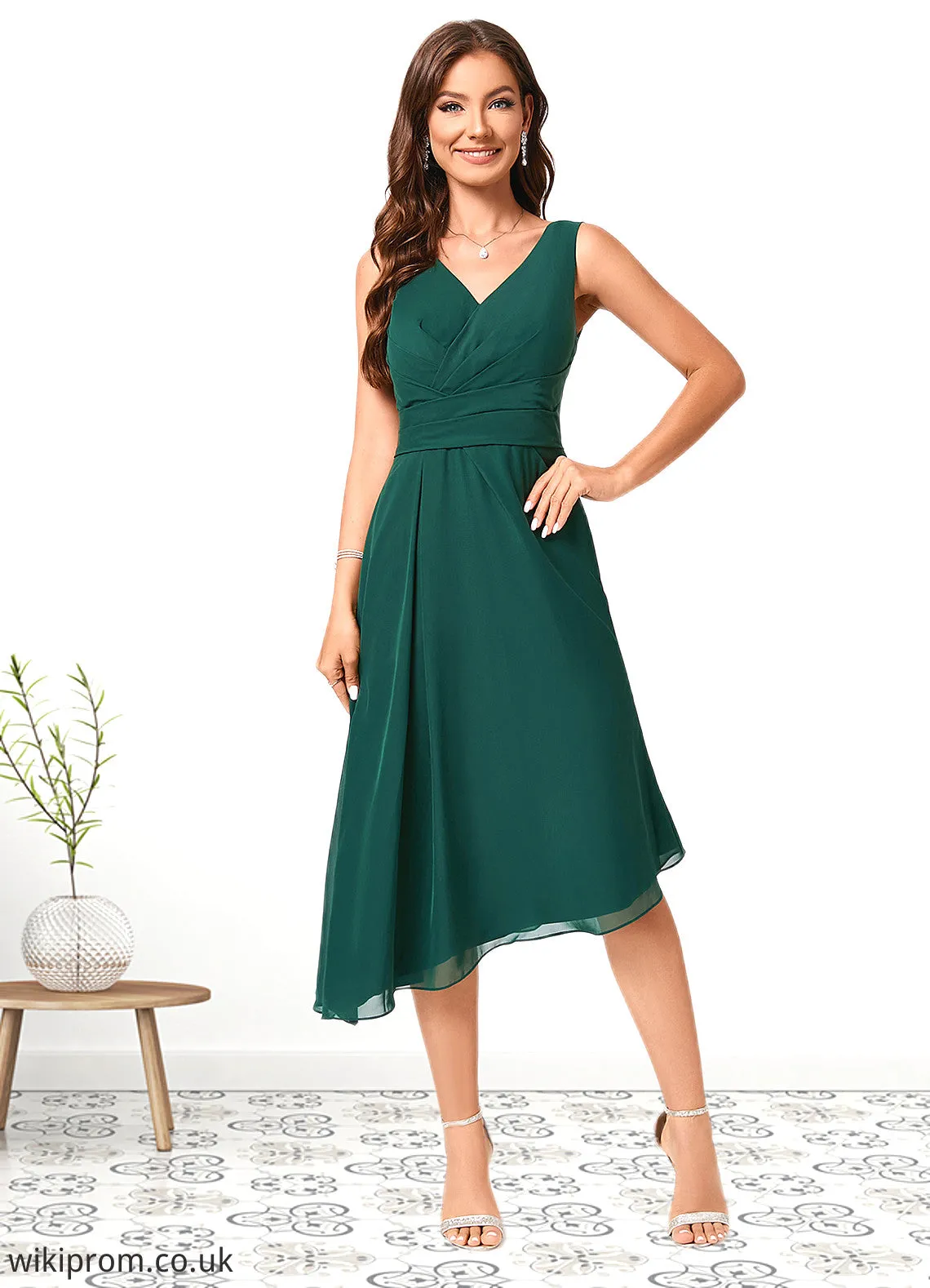 Arabella A-line V-Neck Tea-Length Chiffon Cocktail Dress SWKP0022304