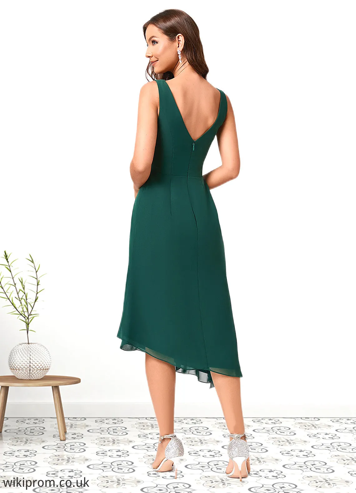 Arabella A-line V-Neck Tea-Length Chiffon Cocktail Dress SWKP0022304