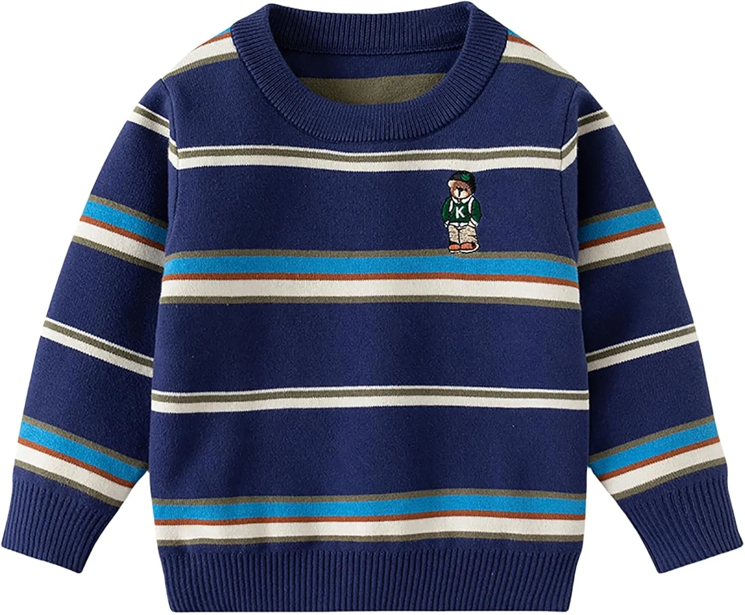 Baby Boys Knit Sweater Round Striped Cotton Cartoon Animal Pullover Sweatshirt