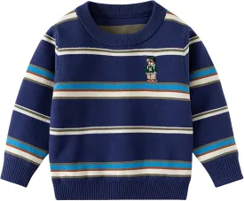 Baby Boys Knit Sweater Round Striped Cotton Cartoon Animal Pullover Sweatshirt
