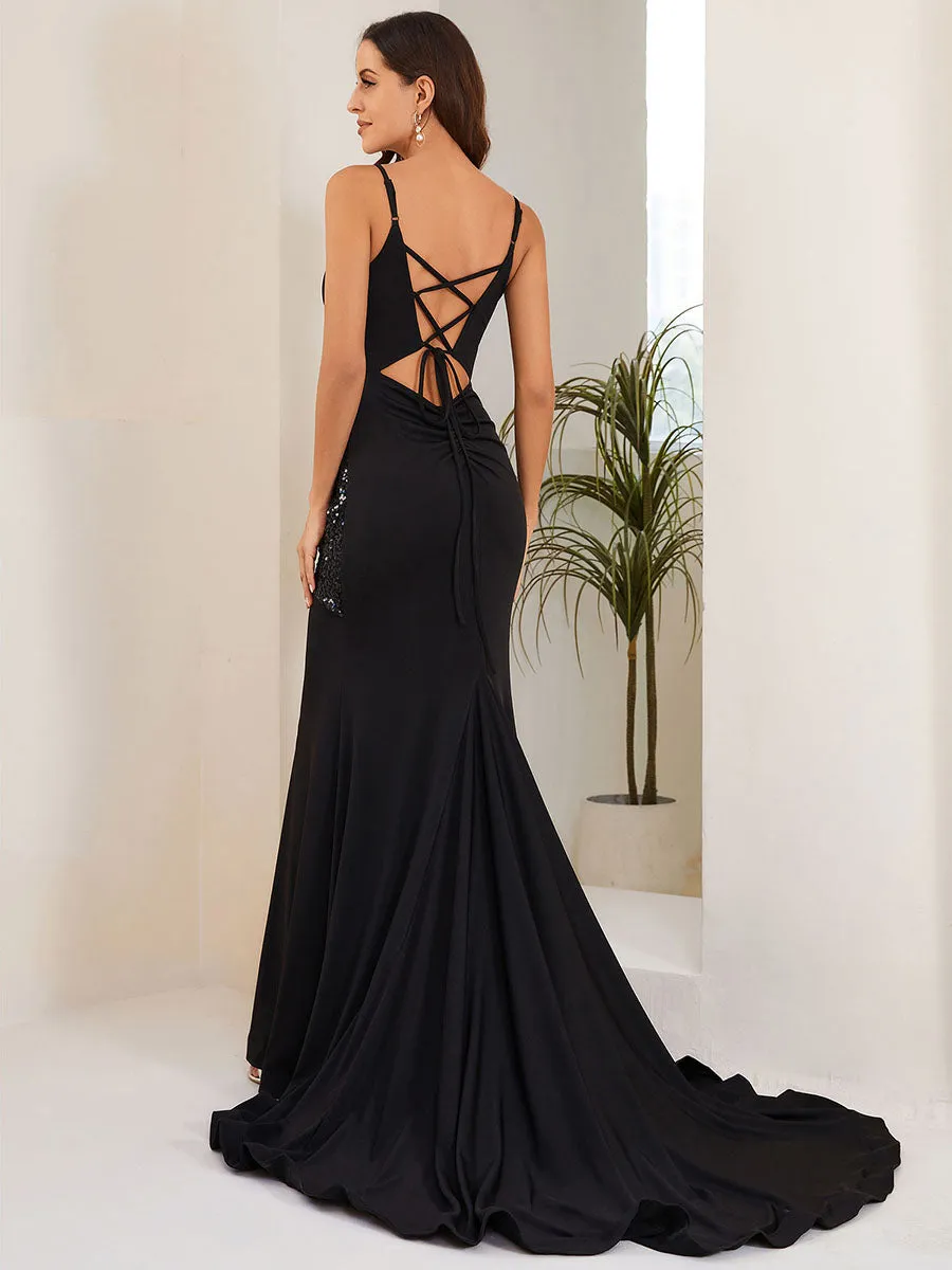 Back Lace-Up Ruched V-Neck Wholesale Sequin Evening Dress with Fishtail