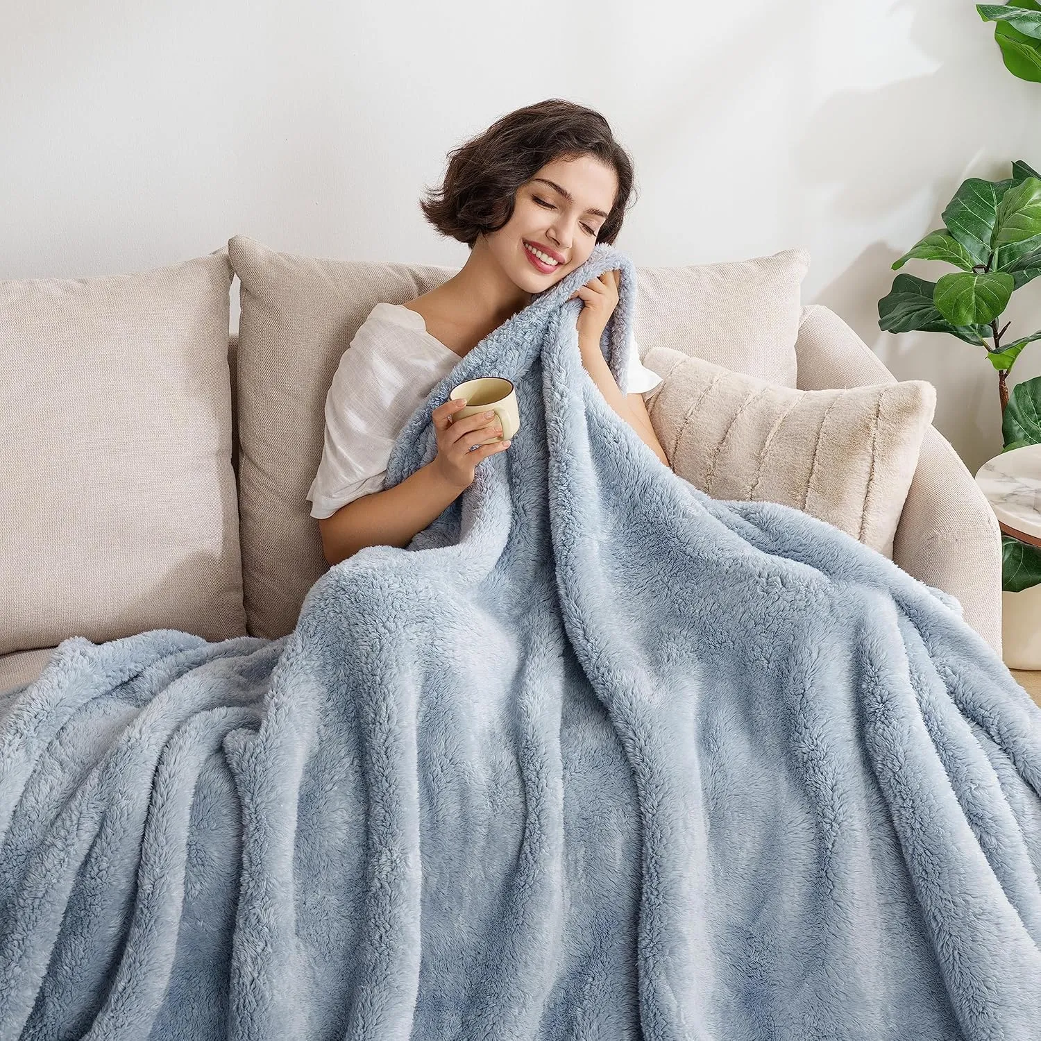 Berkshire Blanket Classic Extra-Fluffy Plush Throw Blanket, Soft Fuzzy Fluffy Long Hair Throw Blanket for Couch Sofa Bed, Blue Mist, 50x60 Inches