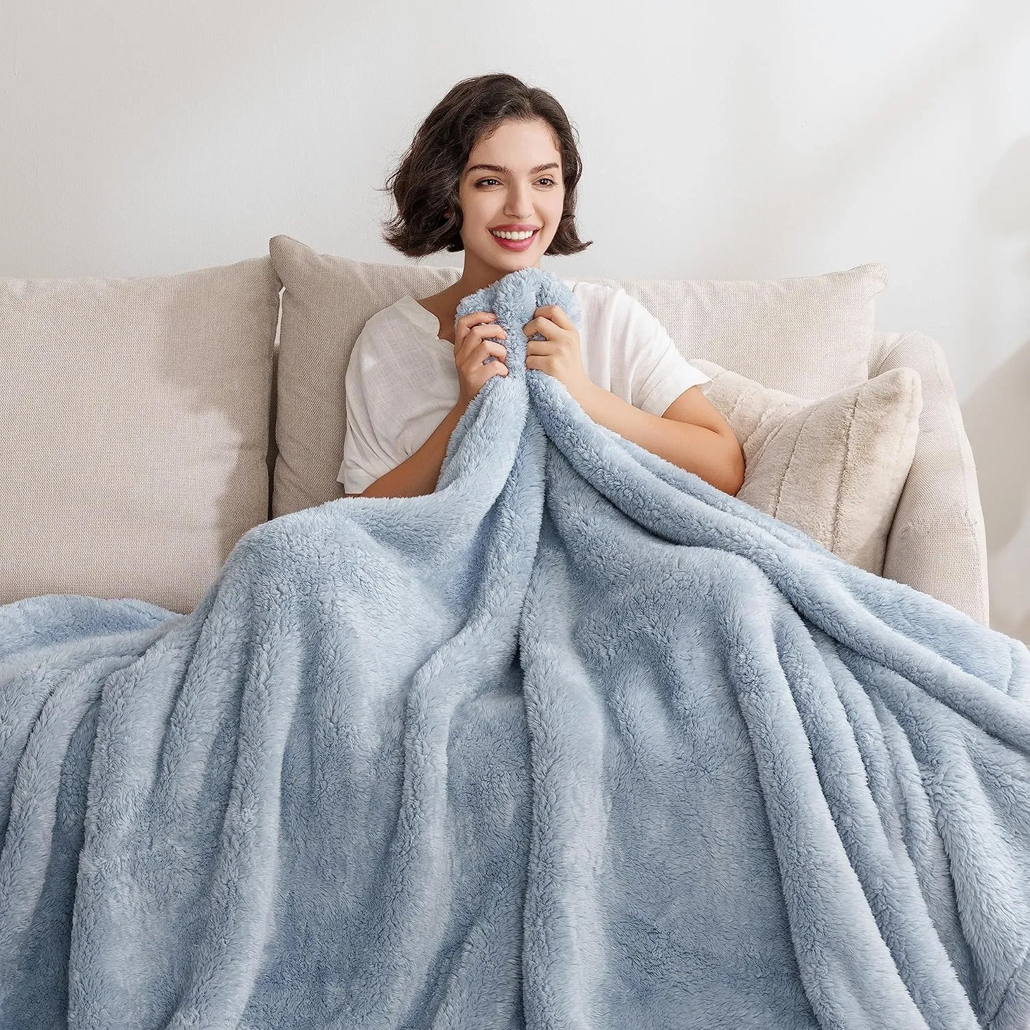 Berkshire Blanket Classic Extra-Fluffy Plush Throw Blanket, Soft Fuzzy Fluffy Long Hair Throw Blanket for Couch Sofa Bed, Blue Mist, 50x60 Inches