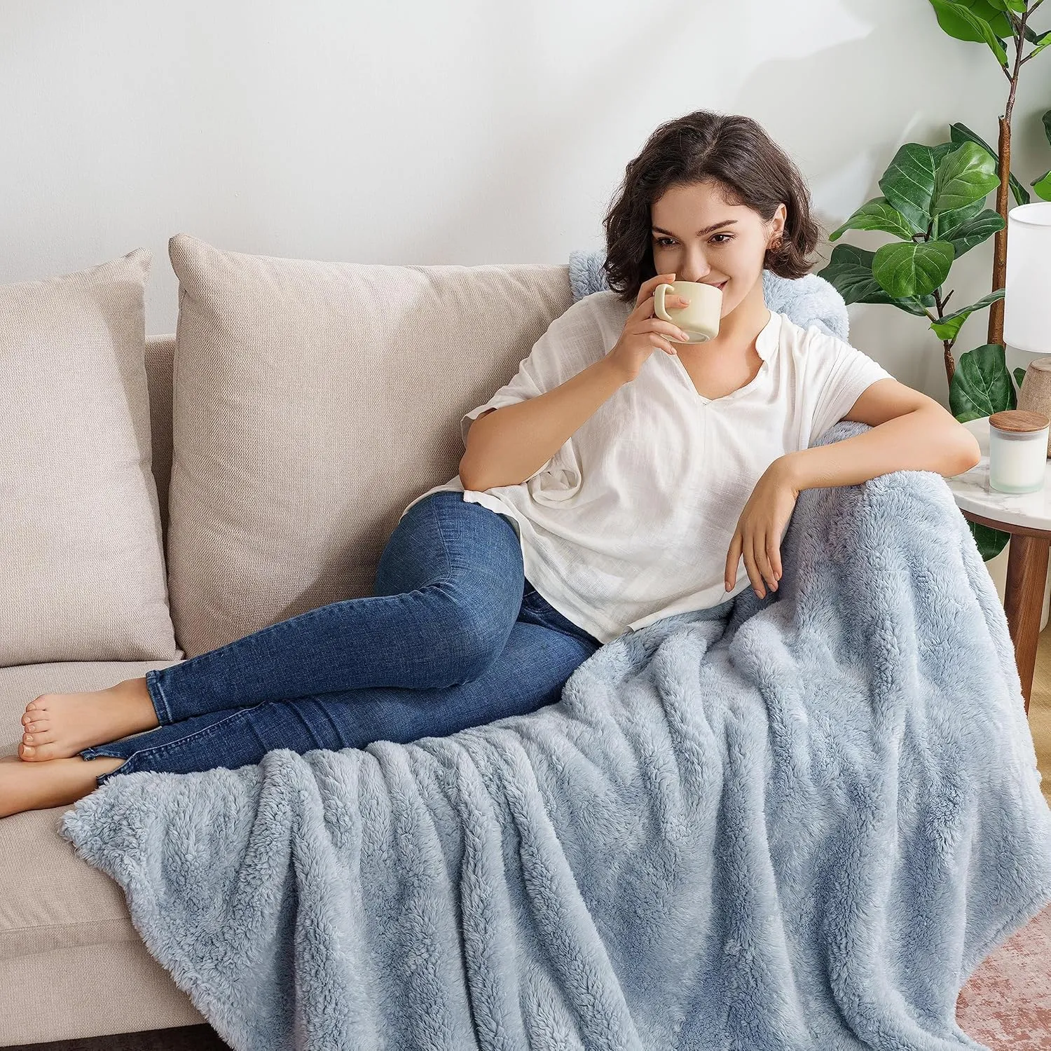 Berkshire Blanket Classic Extra-Fluffy Plush Throw Blanket, Soft Fuzzy Fluffy Long Hair Throw Blanket for Couch Sofa Bed, Blue Mist, 50x60 Inches