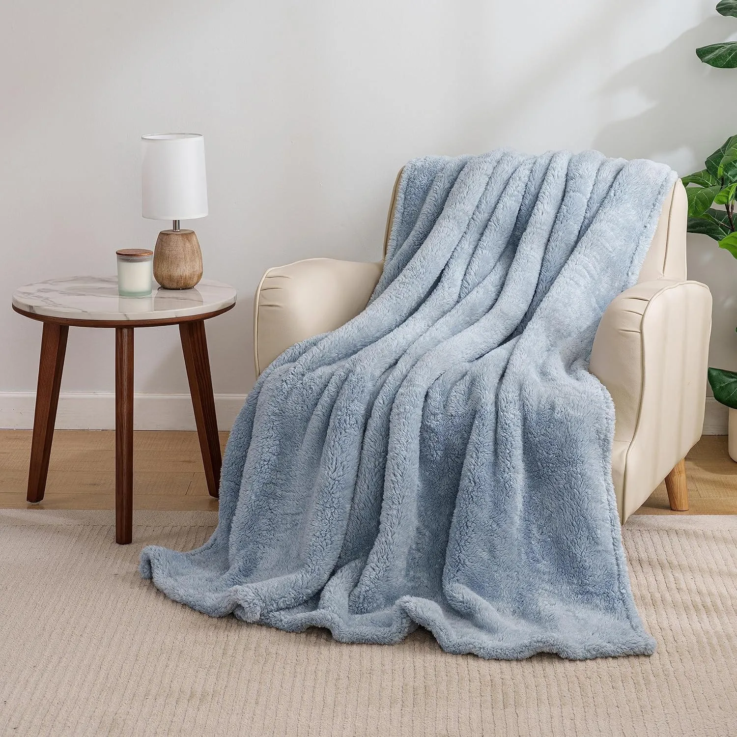 Berkshire Blanket Classic Extra-Fluffy Plush Throw Blanket, Soft Fuzzy Fluffy Long Hair Throw Blanket for Couch Sofa Bed, Blue Mist, 50x60 Inches