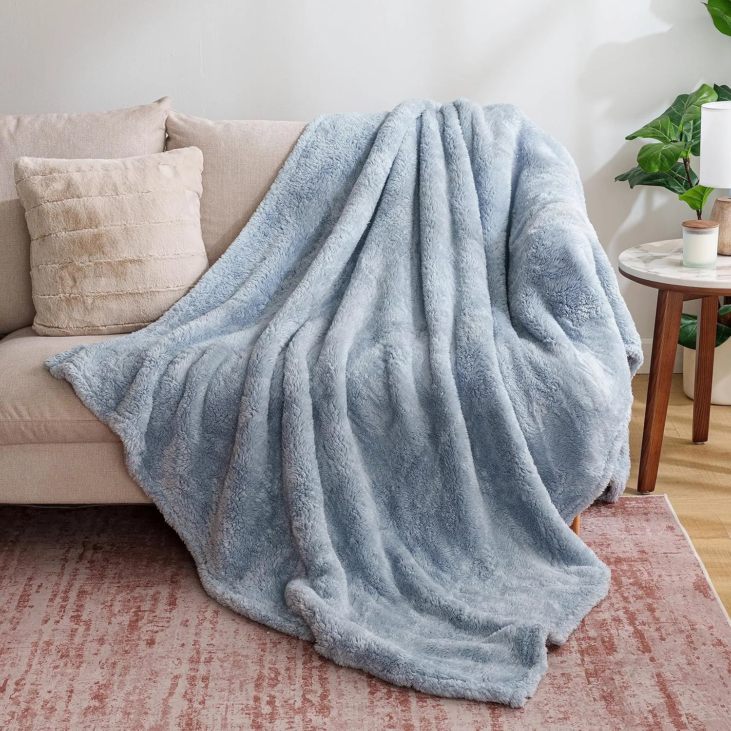 Berkshire Blanket Classic Extra-Fluffy Plush Throw Blanket, Soft Fuzzy Fluffy Long Hair Throw Blanket for Couch Sofa Bed, Blue Mist, 50x60 Inches