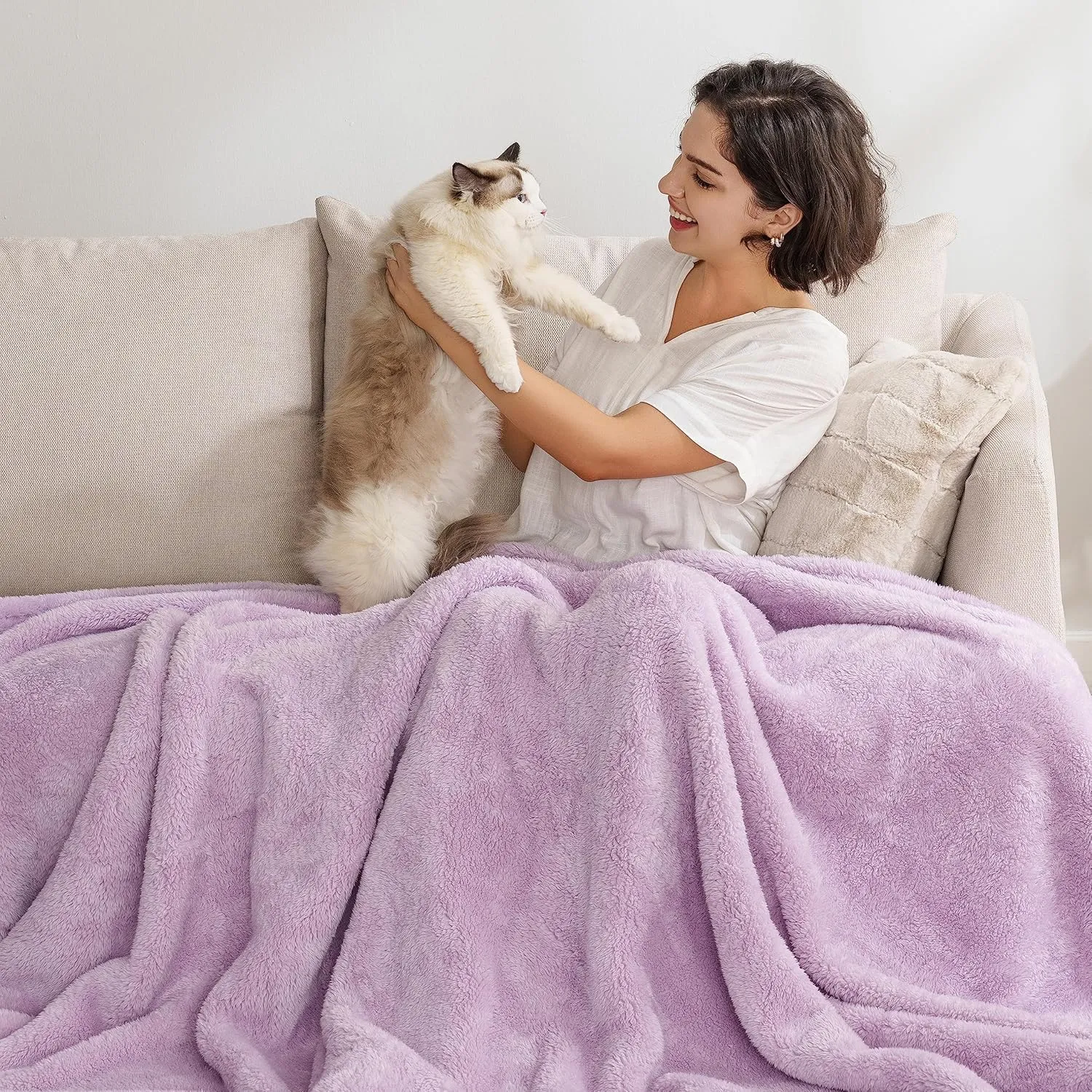 Berkshire Blanket Classic Extra-Fluffy Plush Throw Blanket, Soft Fuzzy Fluffy Long Hair Throw Blanket for Couch Sofa Bed, Pastel Lilac Purple, 50x60 Inches