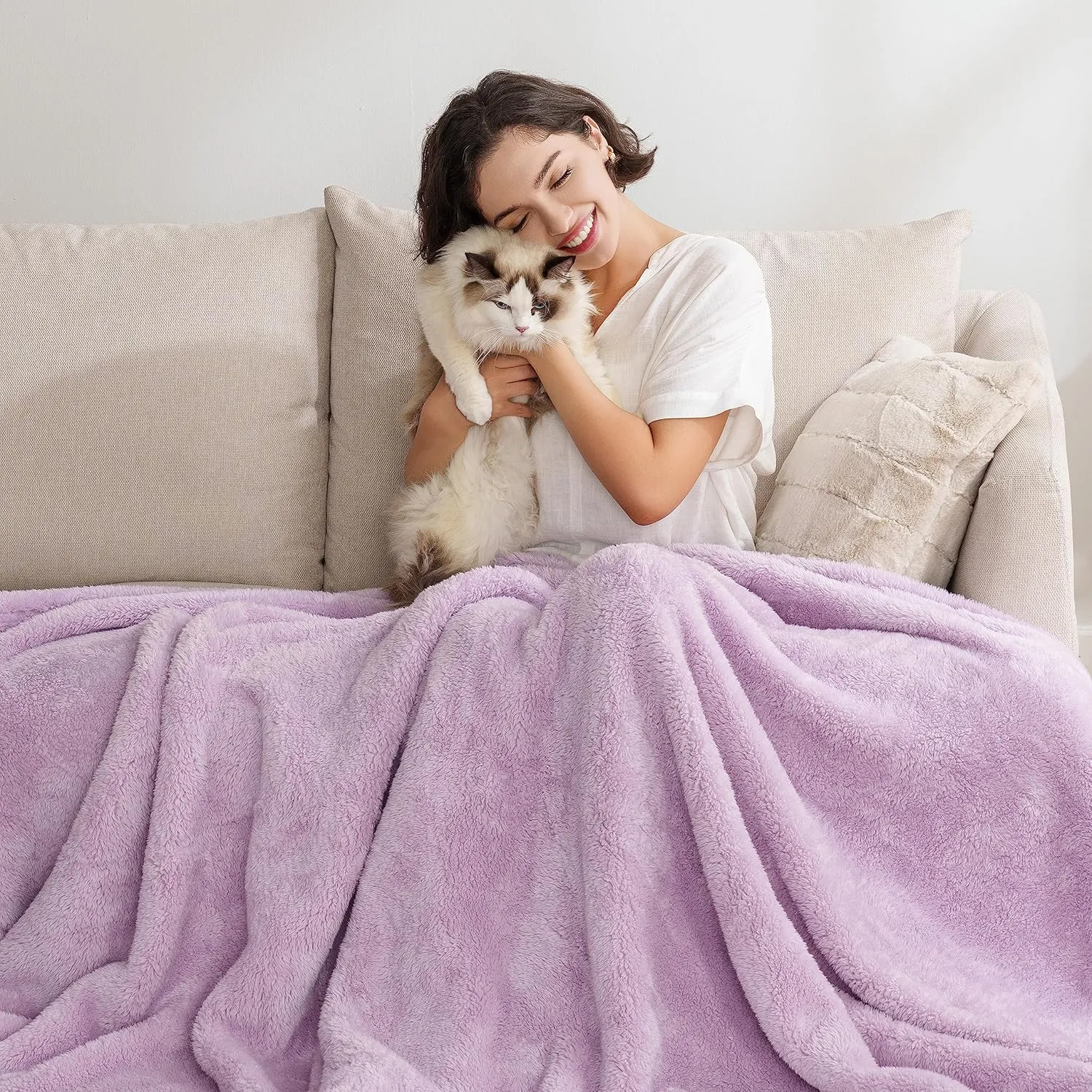 Berkshire Blanket Classic Extra-Fluffy Plush Throw Blanket, Soft Fuzzy Fluffy Long Hair Throw Blanket for Couch Sofa Bed, Pastel Lilac Purple, 50x60 Inches