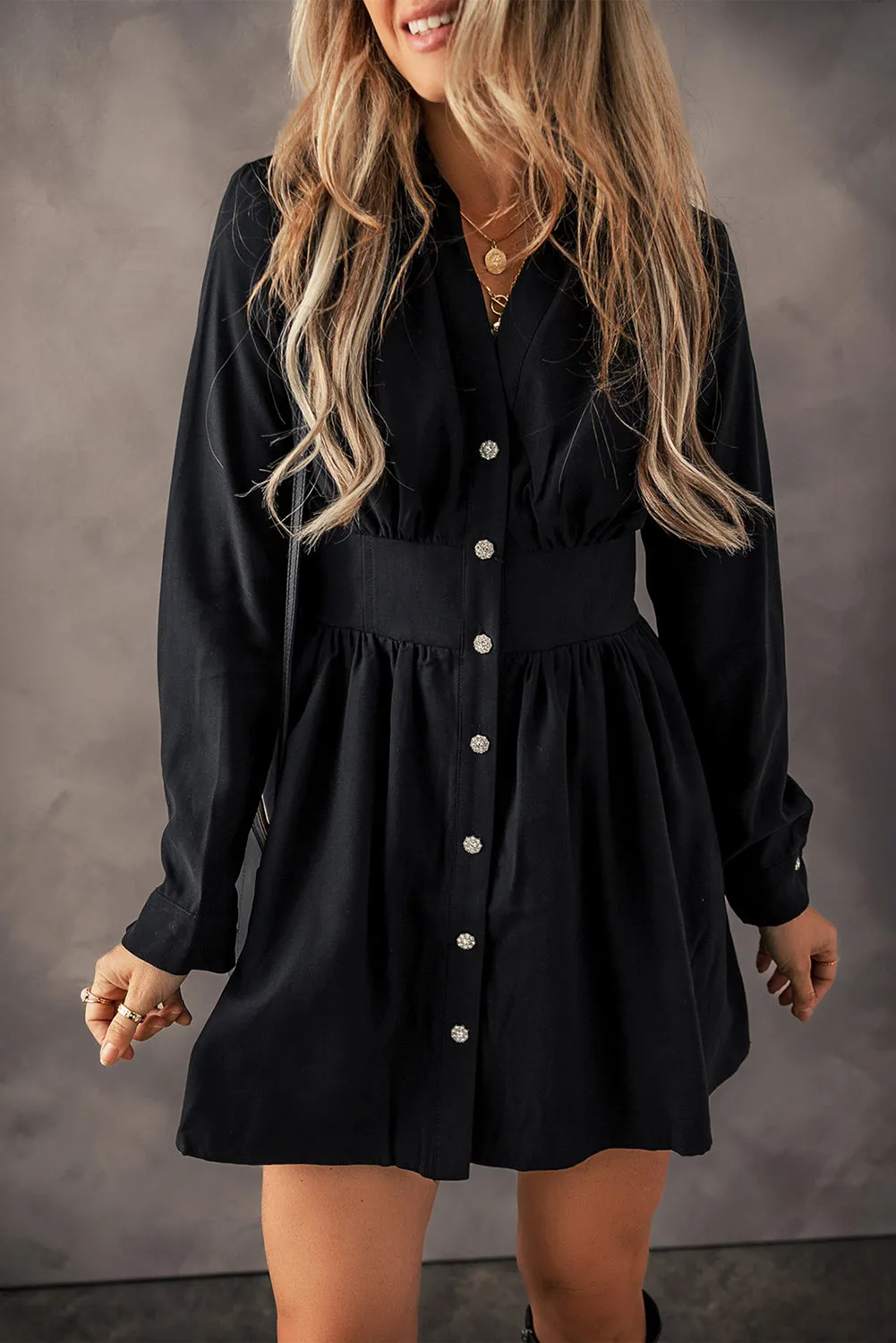 Black Mini Dress with Pearl Buttons