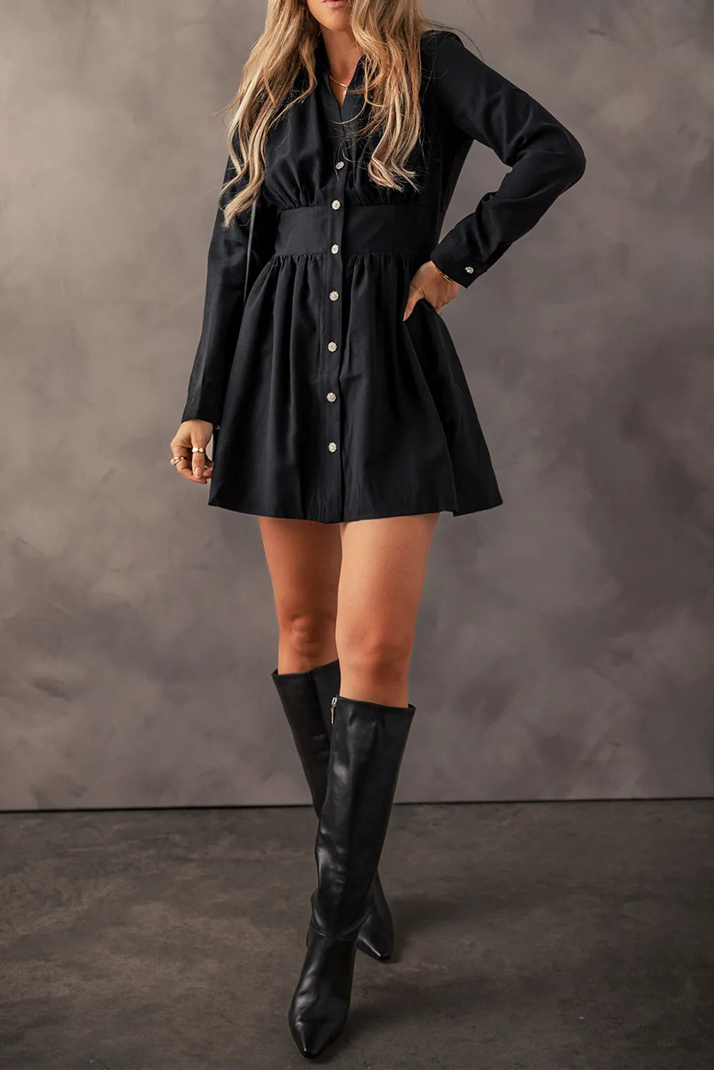 Black Mini Dress with Pearl Buttons