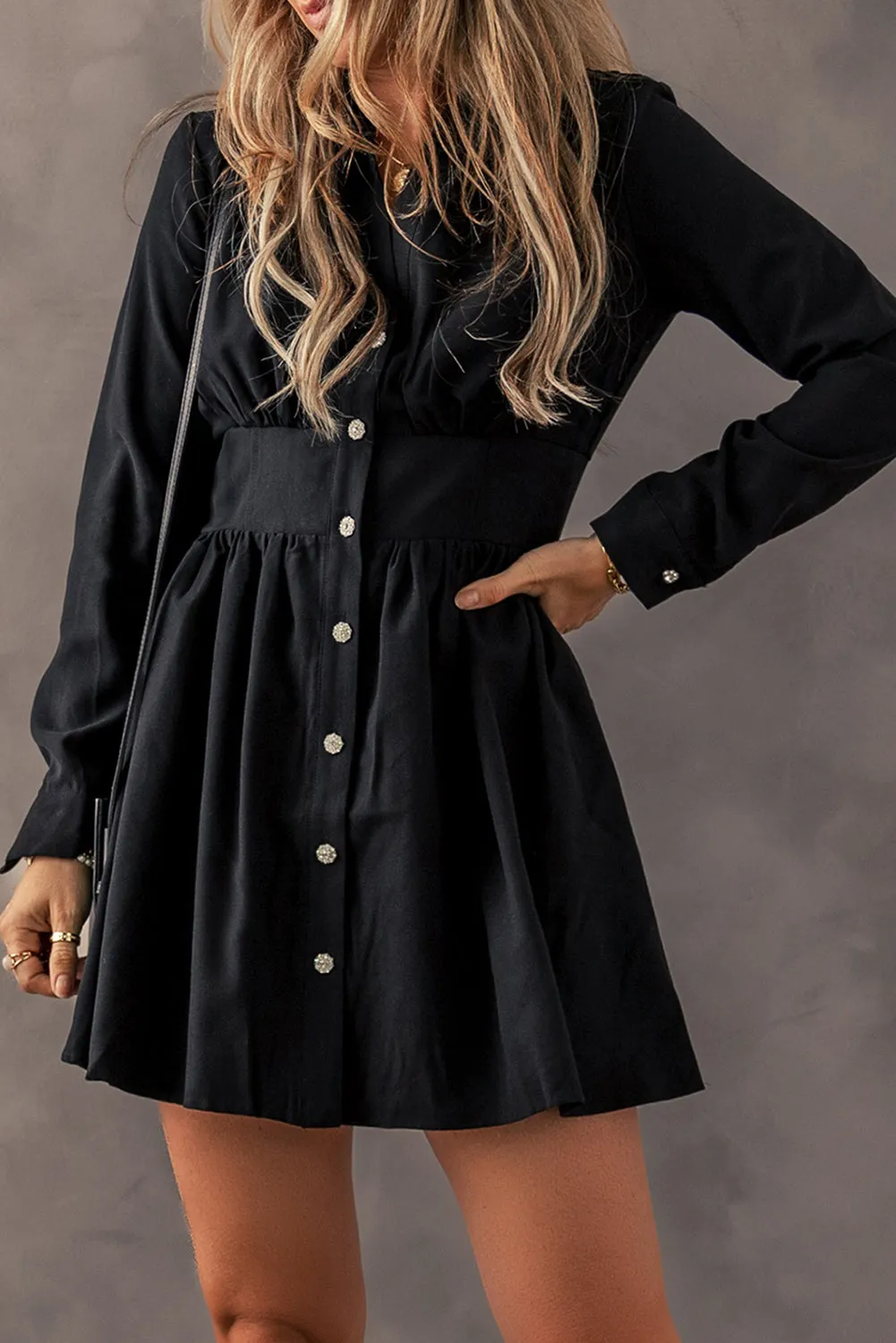 Black Mini Dress with Pearl Buttons