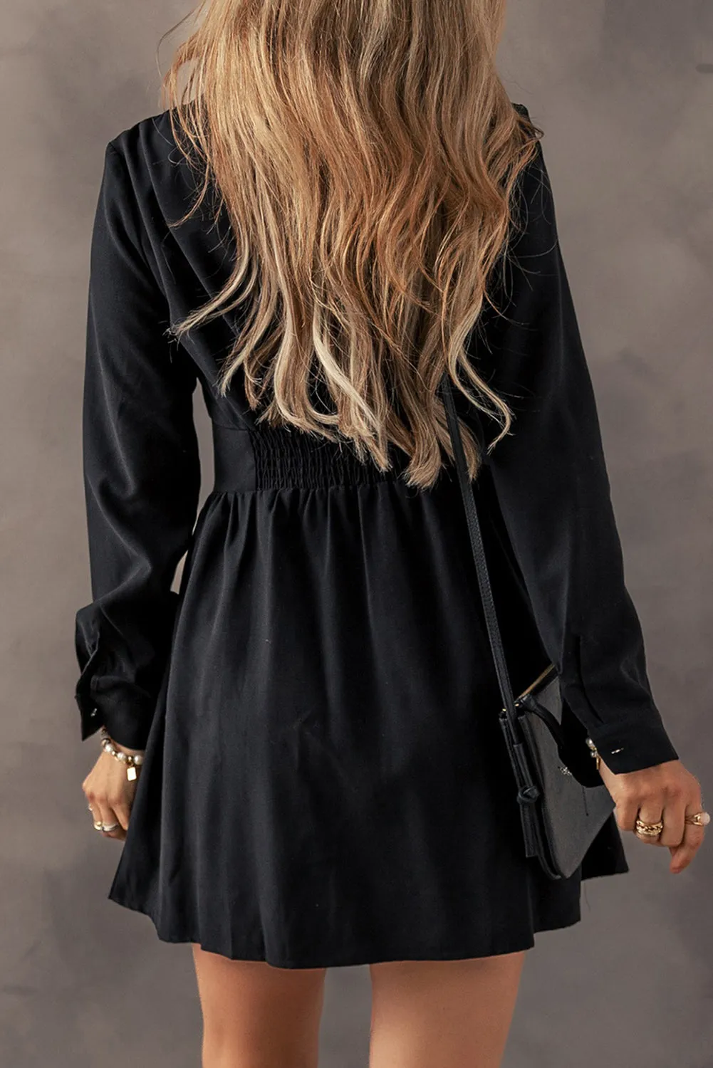 Black Mini Dress with Pearl Buttons