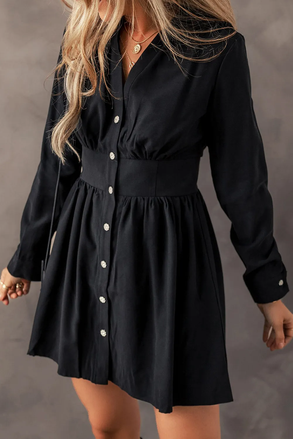 Black Mini Dress with Pearl Buttons