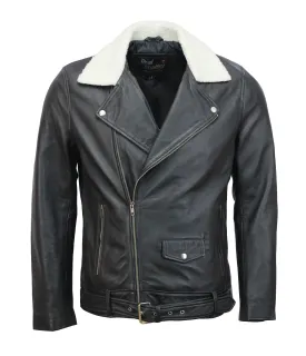 Black Motorcycle Leather Jacket with Fur Collar