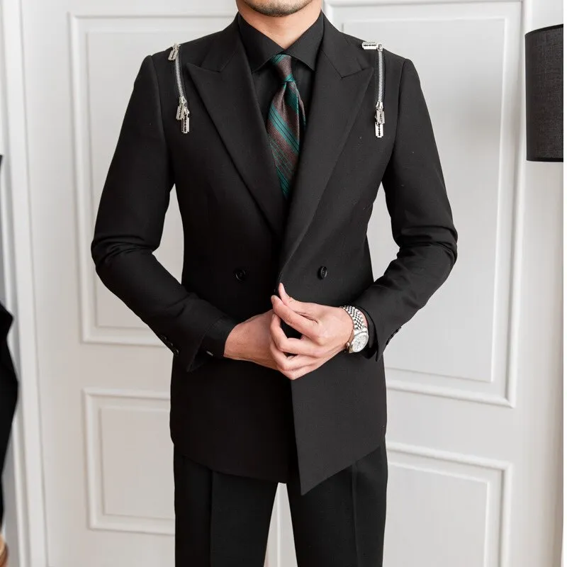 Black Zipper Design Double Breasted Suit