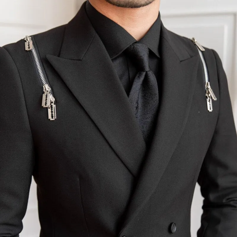 Black Zipper Design Double Breasted Suit