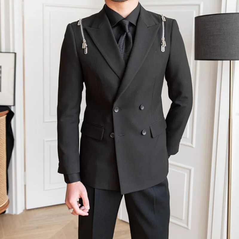 Black Zipper Design Double Breasted Suit