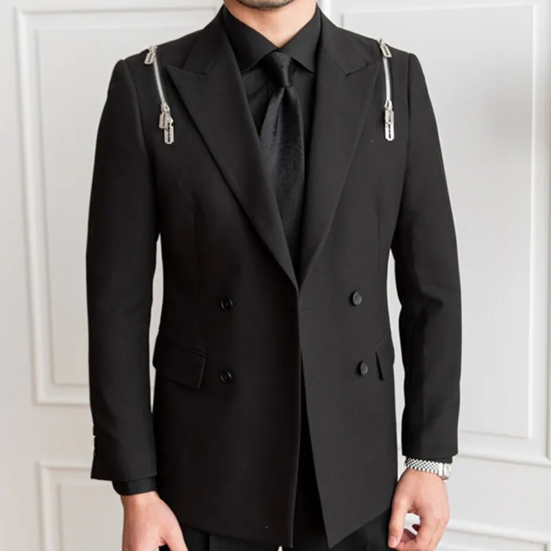 Black Zipper Design Double Breasted Suit