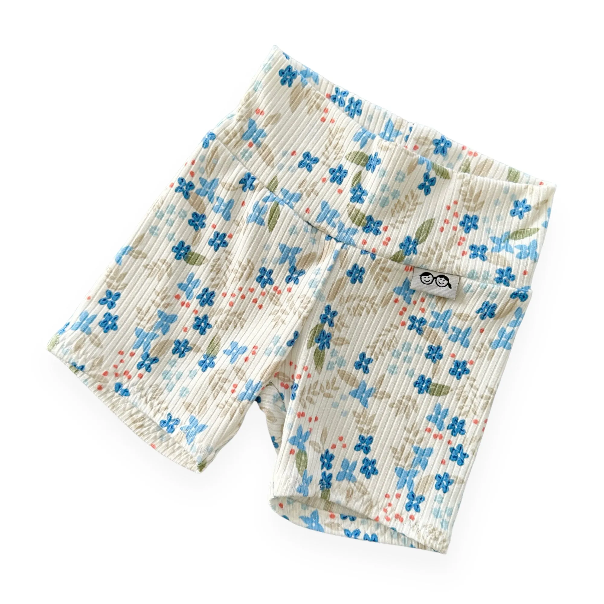 Blue Tone Dainty Flowers on White Ribbed Biker Shorts