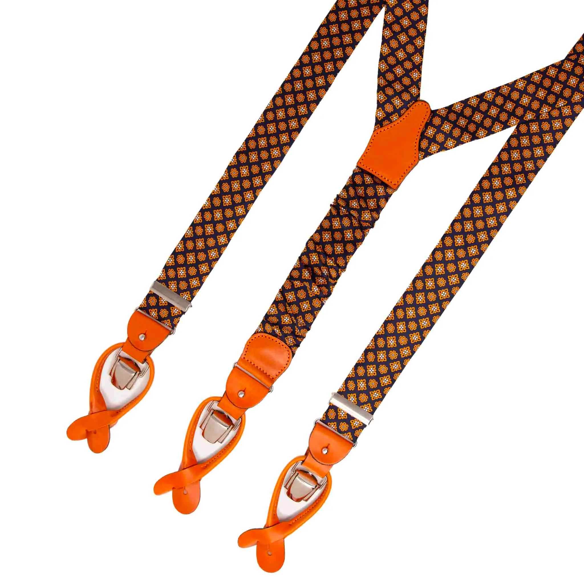Blue with Orange Flowers Pattern Silk Suspenders - Orange Leather