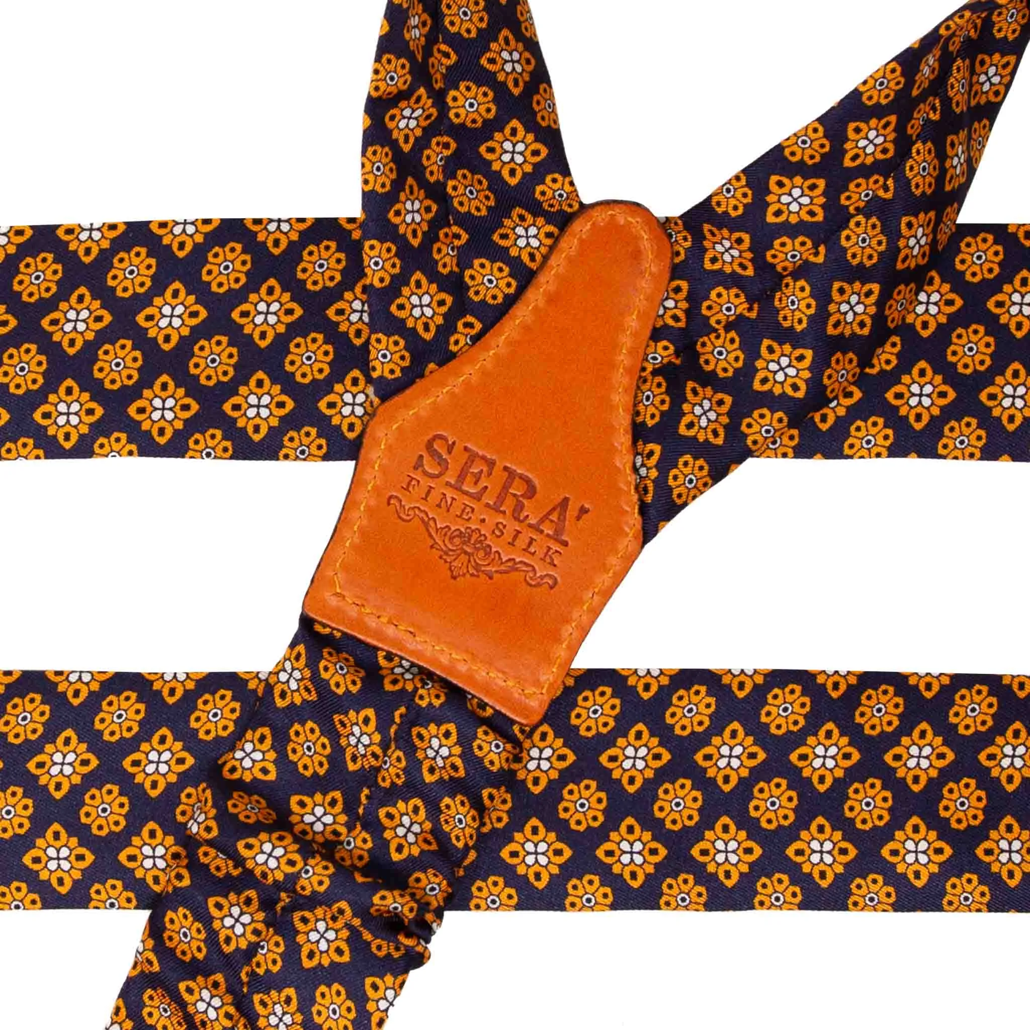 Blue with Orange Flowers Pattern Silk Suspenders - Orange Leather
