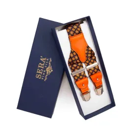 Blue with Orange Flowers Pattern Silk Suspenders - Orange Leather