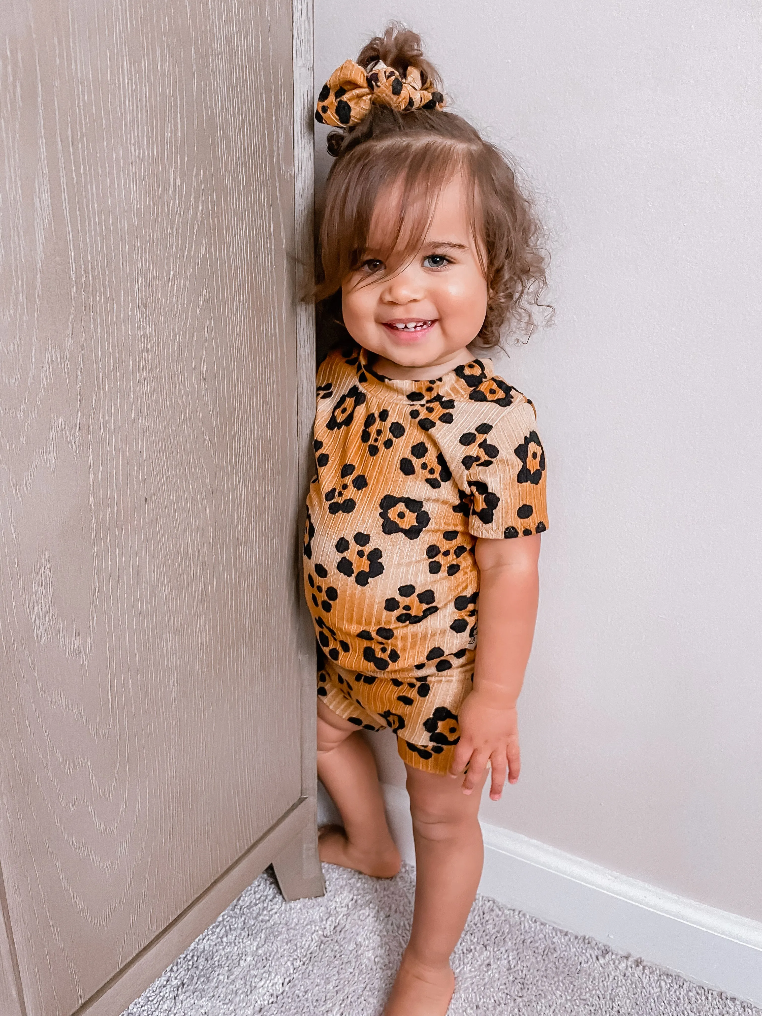 Brown Cheetah Flowers Ribbed Summer Lounge Set