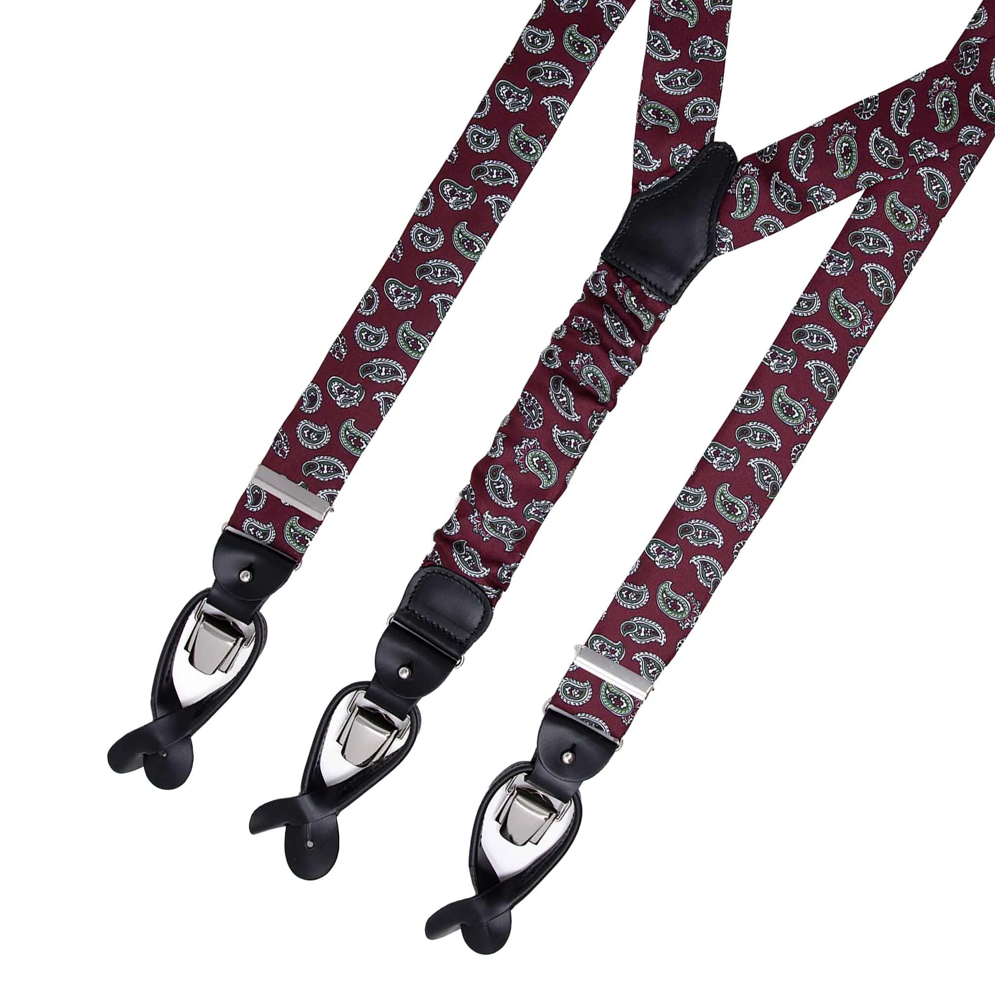 Burgundy and Green Big Paisley Silk Suspenders