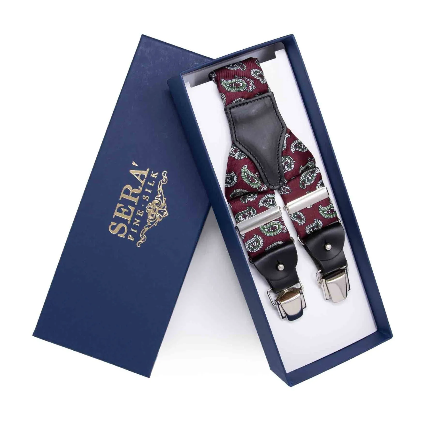 Burgundy and Green Big Paisley Silk Suspenders