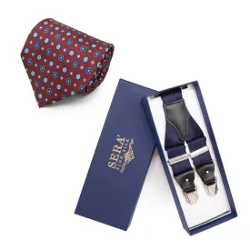 Burgundy Silk Tie & Navy Blue Suspenders Set