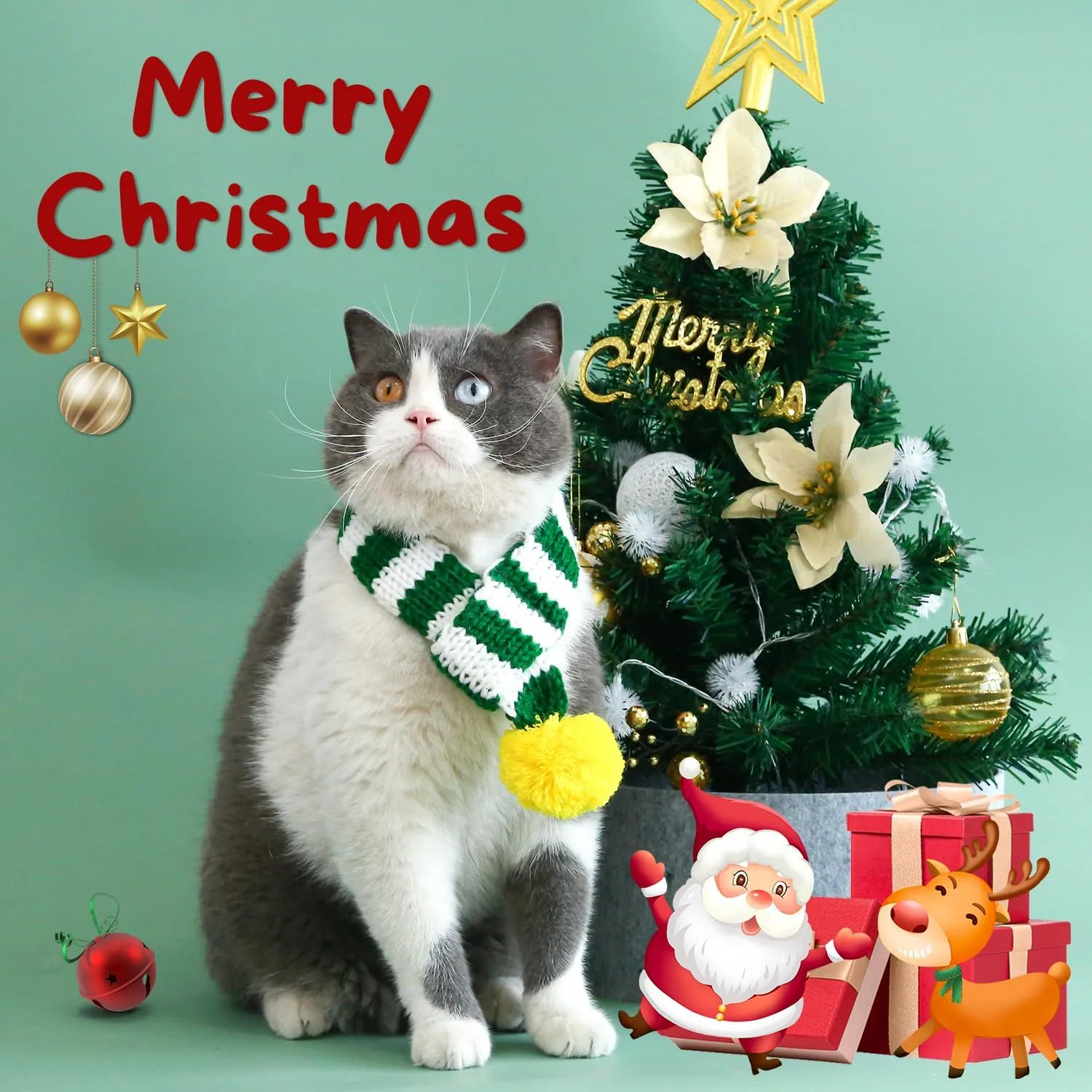 Christmas Dog Cat Santa Scarf, Cat Winter Knitted Cute Scarf, Stripe Neck Warmer Costume for Cats Dogs, Pet Winter Clothes with Party Xmas Cosplay Gift for Pet Puppies Kitten (Green White)