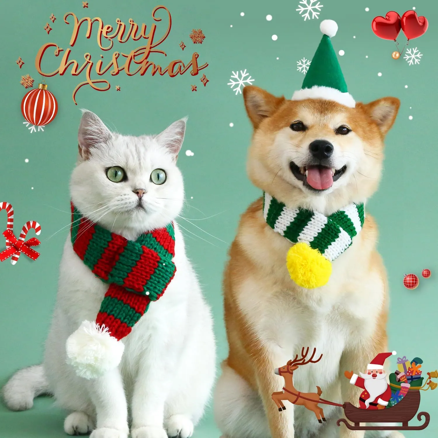 Christmas Dog Cat Santa Scarf, Cat Winter Knitted Cute Scarf, Stripe Neck Warmer Costume for Cats Dogs, Pet Winter Clothes with Party Xmas Cosplay Gift for Pet Puppies Kitten (Green White)