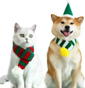 Christmas Dog Cat Santa Scarf, Cat Winter Knitted Cute Scarf, Stripe Neck Warmer Costume for Cats Dogs, Pet Winter Clothes with Party Xmas Cosplay Gift for Pet Puppies Kitten (Green White)