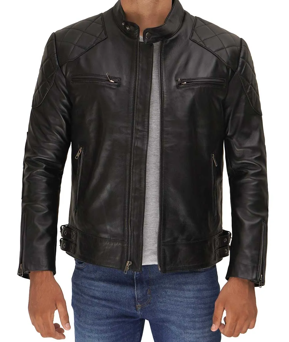 David Mens Black Leather Cafe Racer Jacket