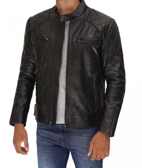 David Mens Black Leather Cafe Racer Jacket