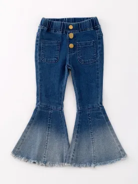 Deep Blue Spray Dyeing Tight Bell-Bottoms Denim Jeans Pants