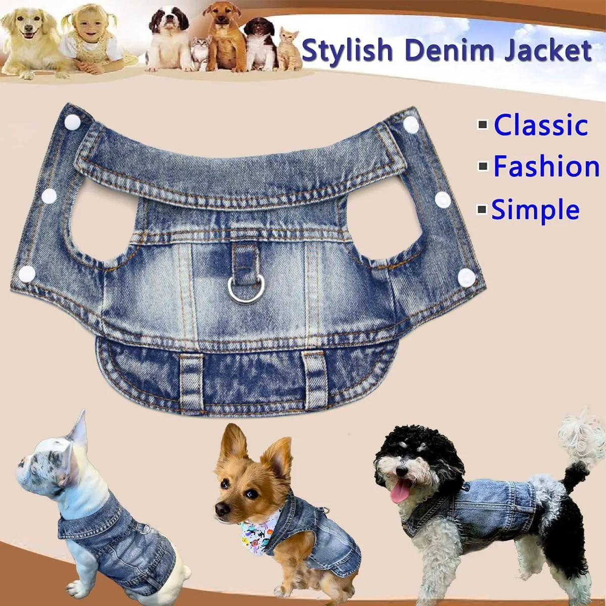 Dog Jean Jacket, Blue Denim Shirt Classic Lapel Vest Coat Costume Puppy T-Shirt, Comfort Tank Top Cool Apparel, Washed Pet Clothes for Dogs Boy Girl (with D-Ring, Large)